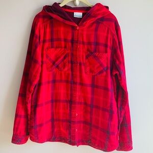 Columbia Hooded Jacket Dark Pink Blue Lightweight Cotton Shirt Style EUC Large